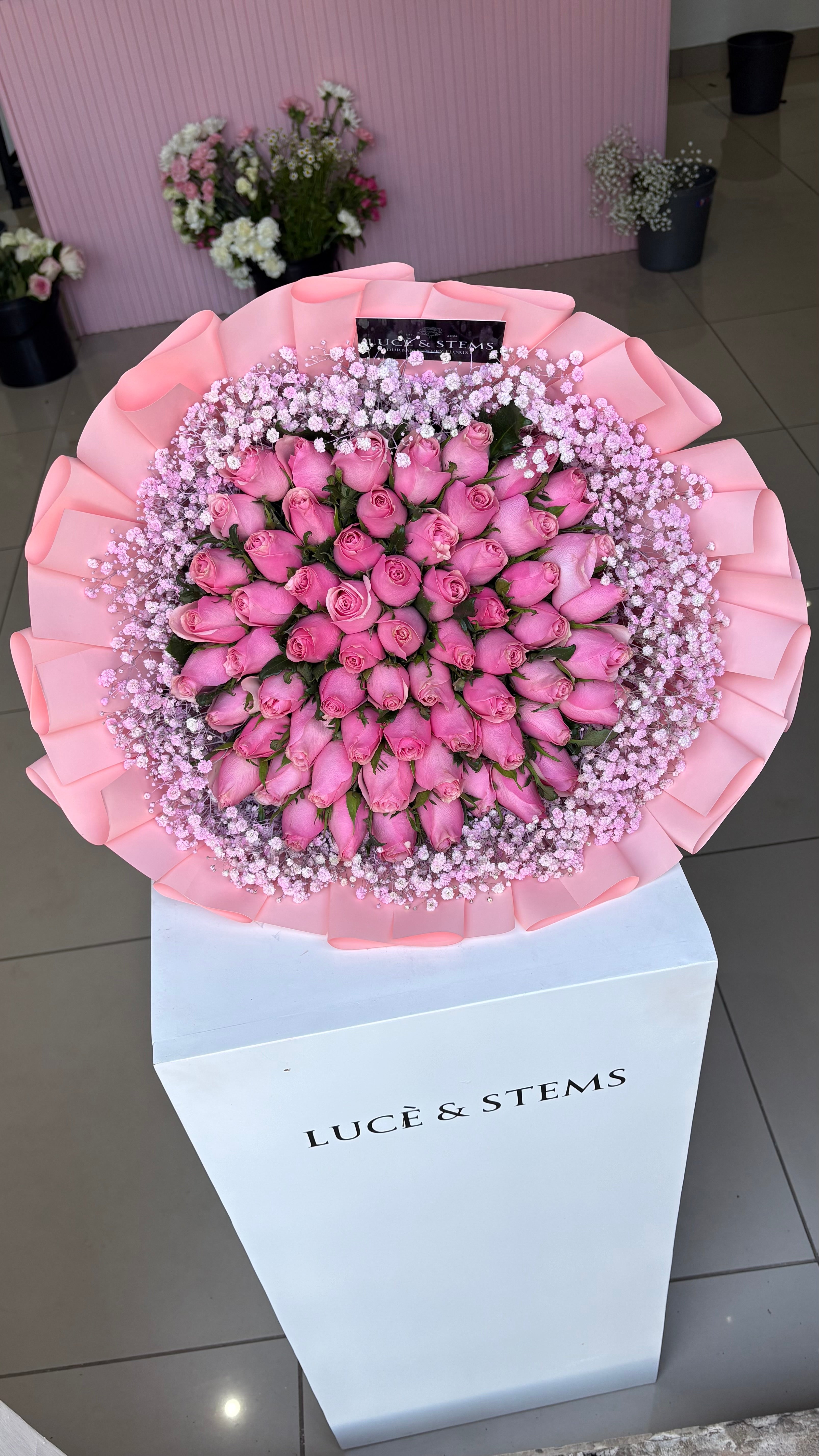 Pink roses with pink baby’s breath