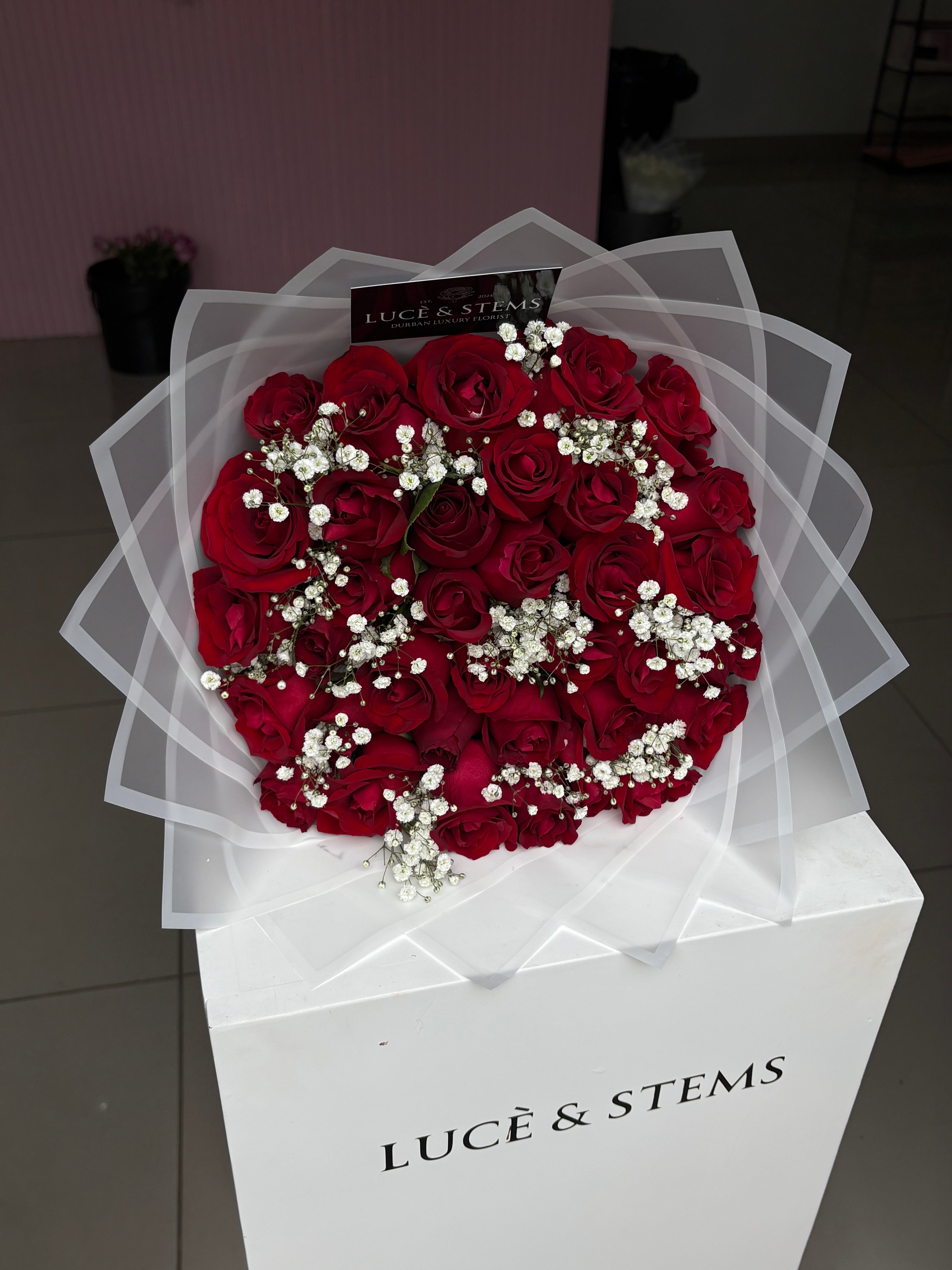 Red roses with baby’s breath in between