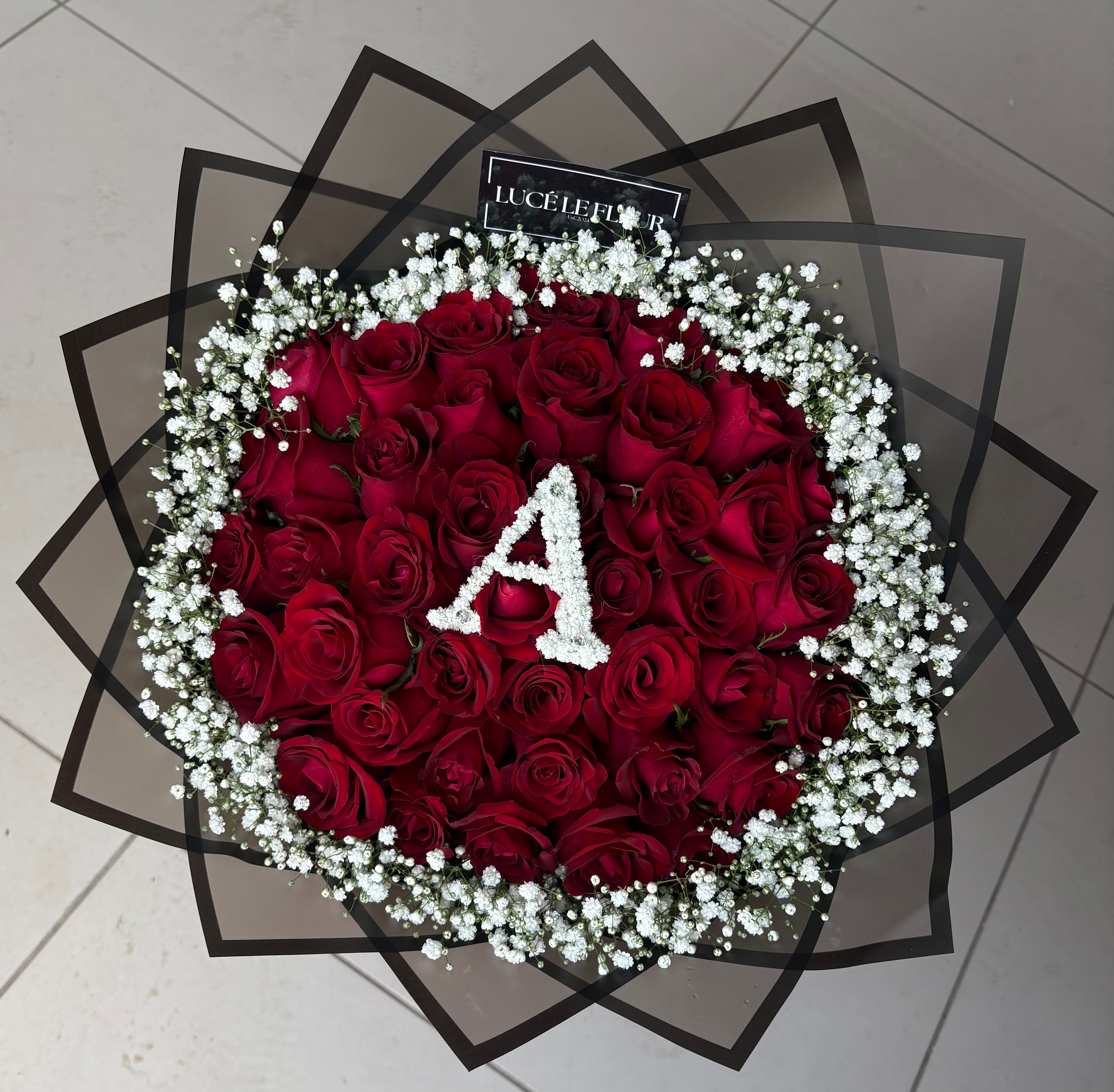 Red Rose Bouquets with initial, heart, and baby's breath