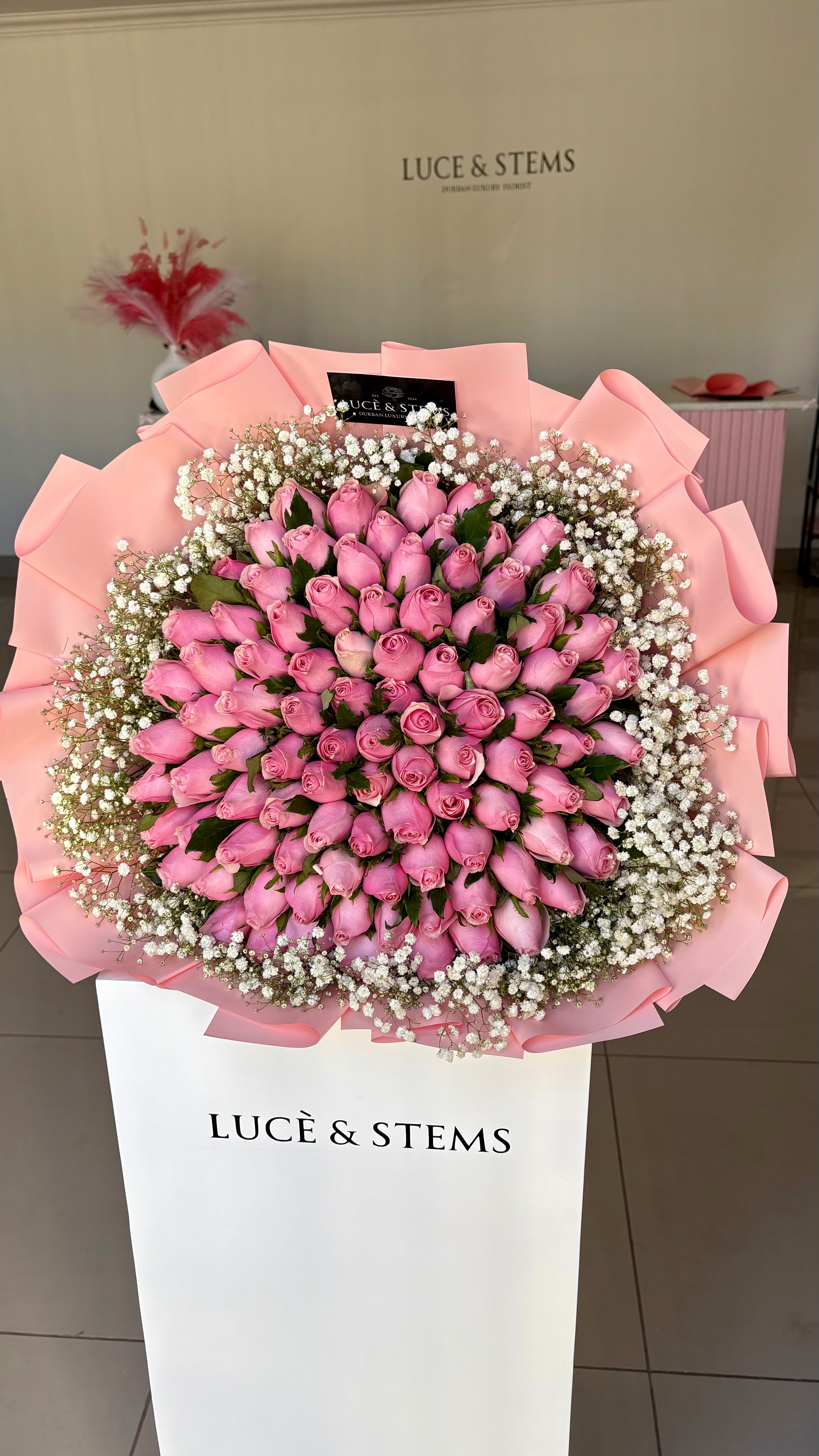 Pink Roses with Baby’s Breath (Korean wrapping style)