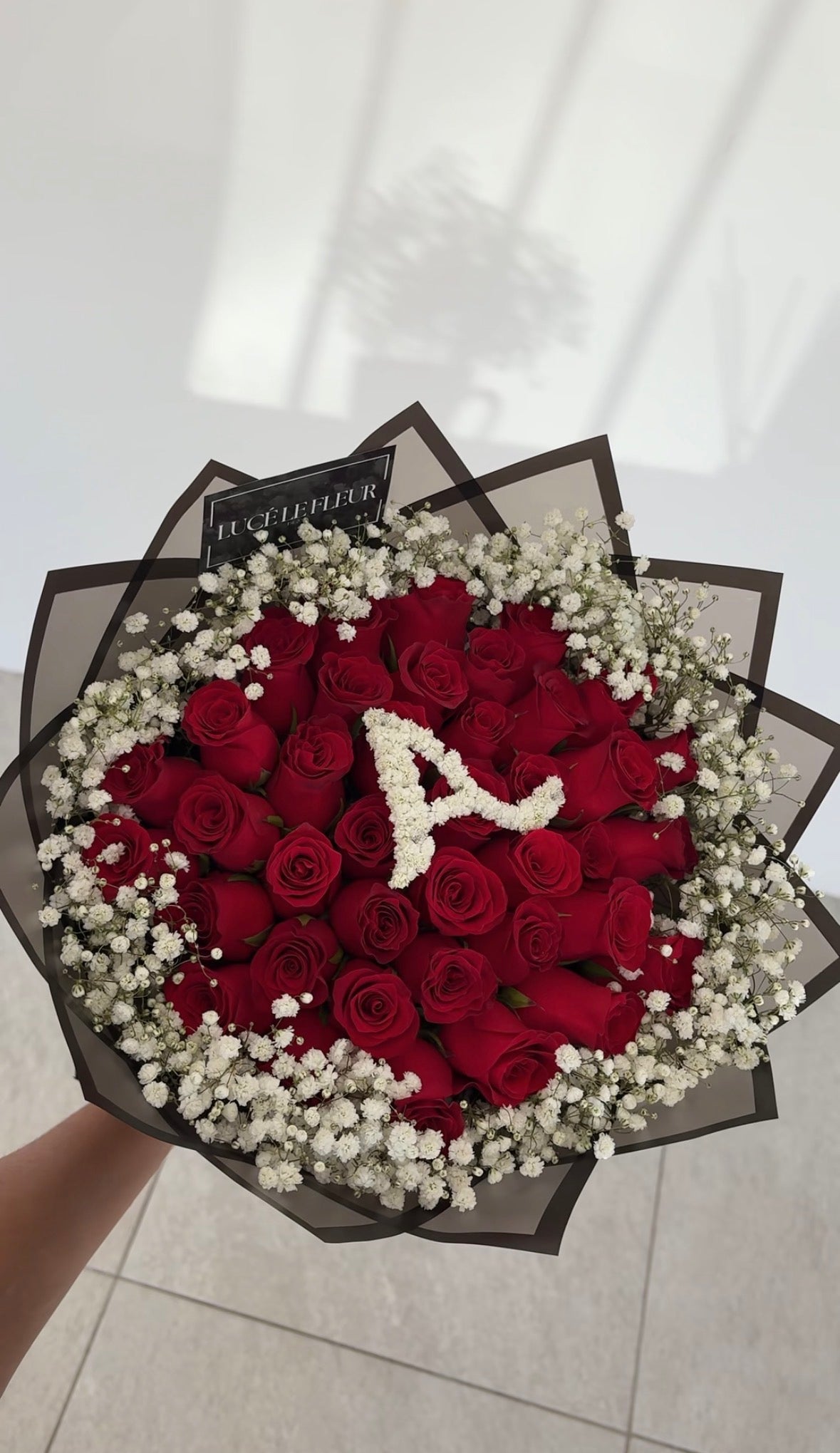 Red Rose Bouquets with initial, heart, and baby's breath