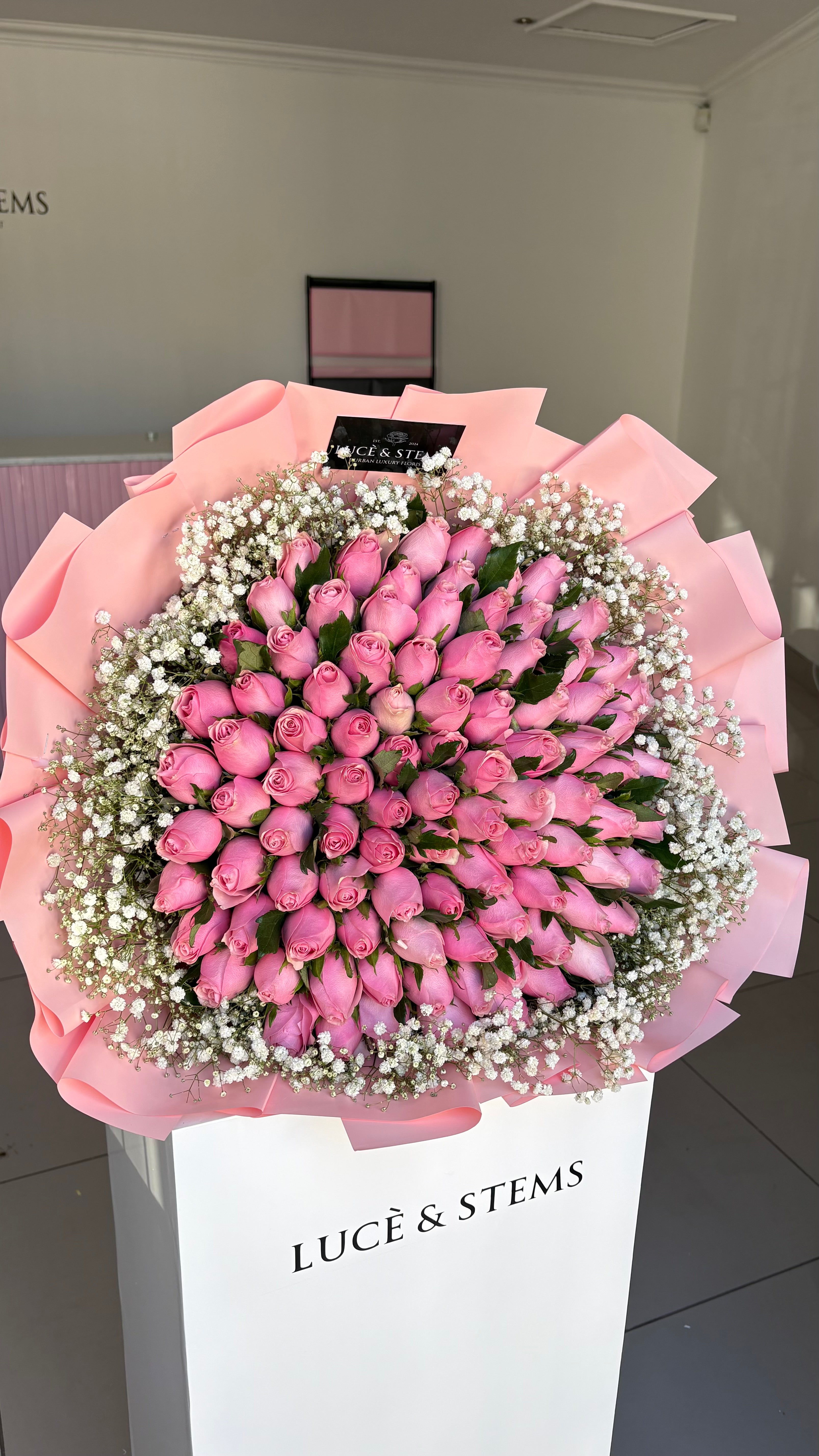 Pink Roses with Baby’s Breath (Korean wrapping style)